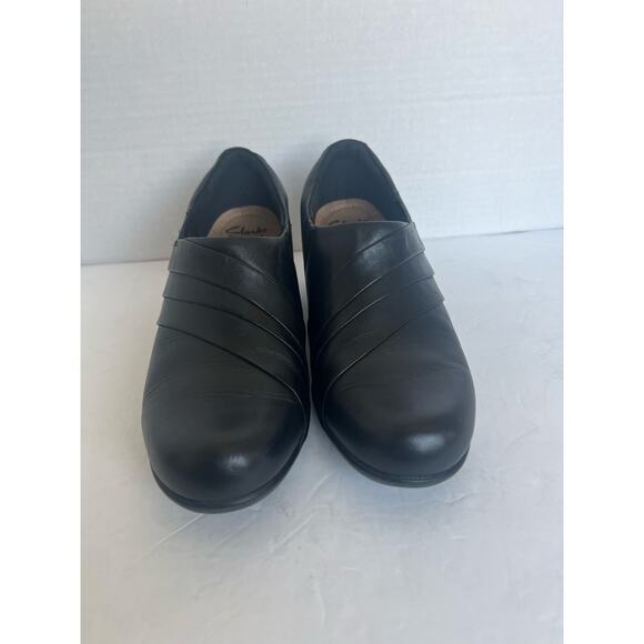 Clarks Genette Port Black Leather Casual Slip On Block Wedge Shootie Shoes 8 W - Picture 3 of 12